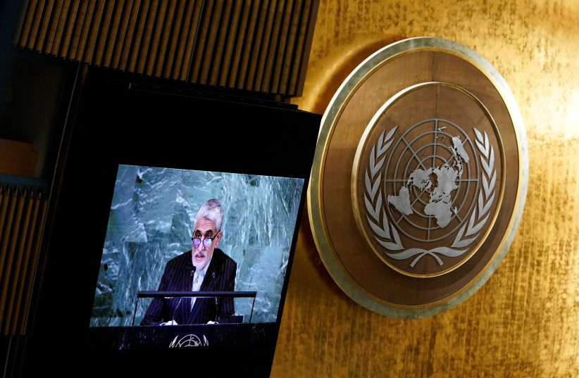 Iran’s Ambassador to the United Nations Amir Saeid Iravani is seen on a screen as he speaks to delegates before a vote on a resolution recognizing Russia must be responsible for reparation in Ukraine at the United Nations Headquarters in New York, U.S., November 14, 2022. (credit: REUTERS/EDUARDO MUNOZ)