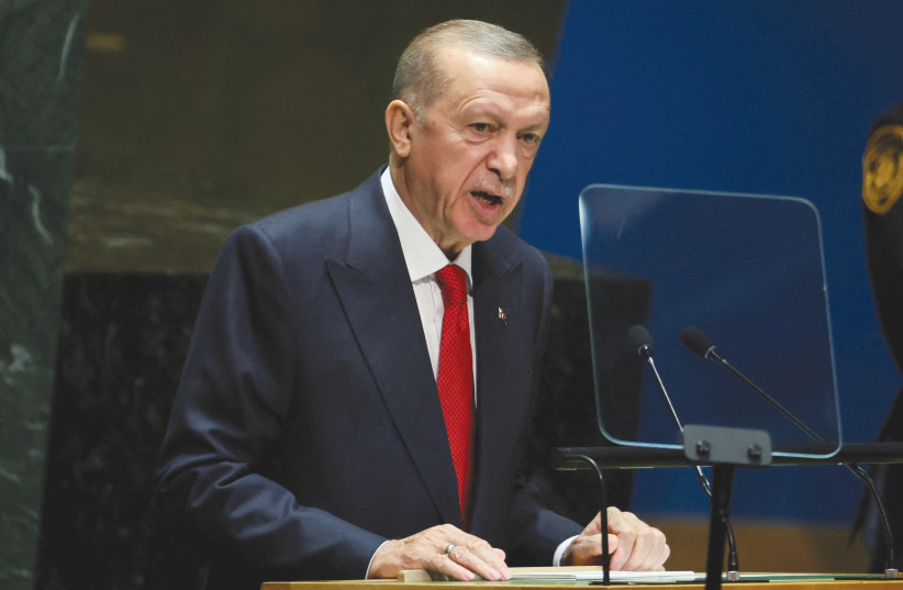  TURKEY’S PRESIDENT Recep Tayyip Erdogan addresses the UN General Assembly in New York, last week.  (credit: REUTERS)
