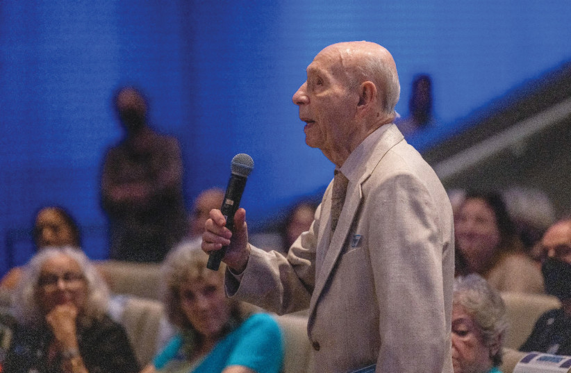  95-YEAR-OLD Holocaust survivor David Lenga speaks after witnessing a performance of the play. (credit: Kathrine Kohl)
