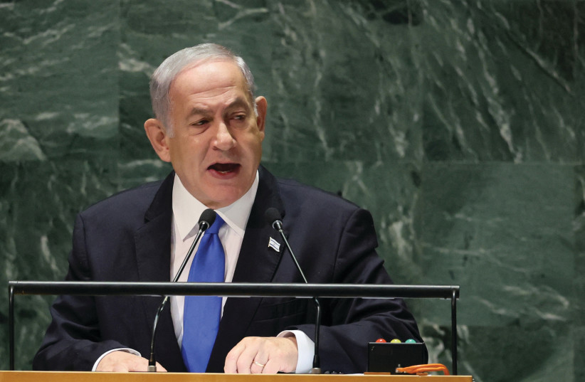  PRIME MINISTER Benjamin Netanyahu addresses the UN General Assembly in New York, last month (credit: BRENDAN MCDERMID/REUTERS)