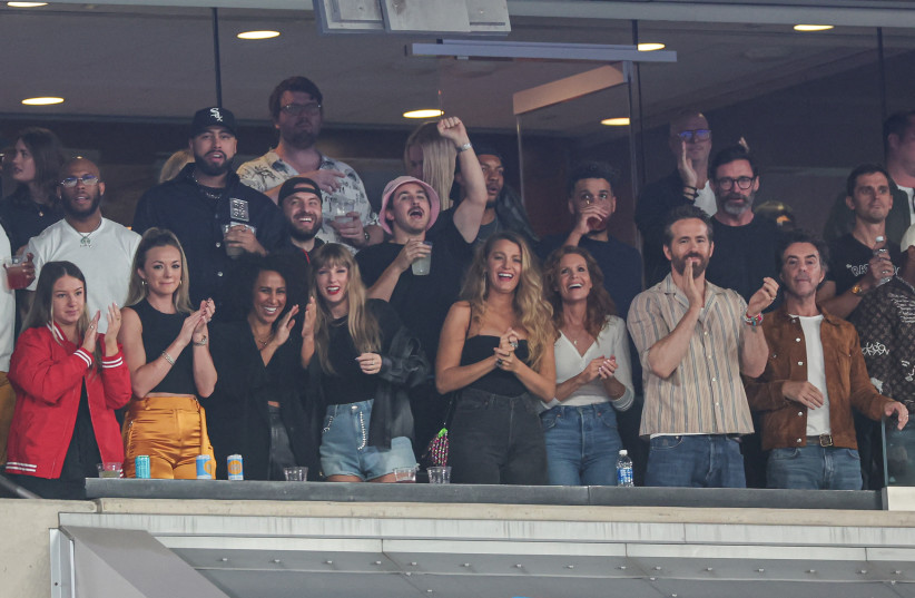  Oct 1, 2023; East Rutherford, New Jersey, USA; Taylor Swift, actor Ryan Reynolds, actor Hugh Jackman and friends celebrates after a Kansas City Chiefs touch down during the first half at MetLife Stadium.  (credit: VINCENT CARCHIETTA/USA TODAY SPORTS)