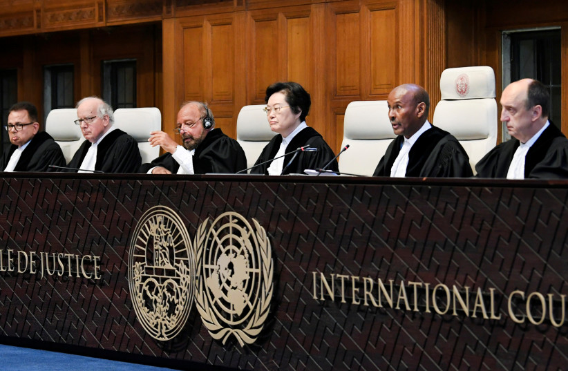  Judges are seen at the International Court of Justice before the issue of a verdict in the case of Indian national Kulbhushan Jadhav who was sentenced to death by Pakistan in 2017, in The Hague, Netherlands July 17, 2019 (credit: REUTERS/PIROSCHKA VAN DE WOUW)