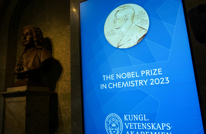  A view of a screen inside the Royal Swedish Academy of Sciences, where the Nobel Prize in Chemistry is announced, in Stockholm (credit: REUTERS)