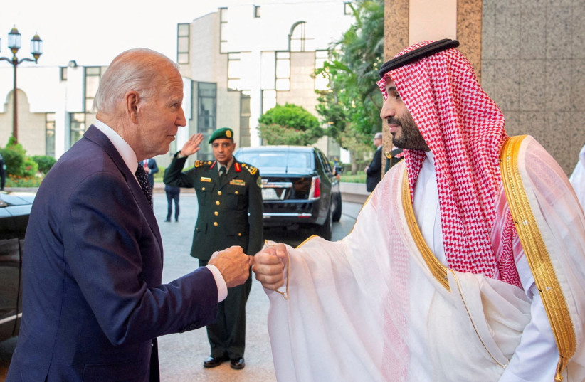  FILE PHOTO: Saudi Crown Prince Mohammed bin Salman fist bumps U.S. President Joe Biden upon his arrival at Al Salman Palace, in Jeddah, Saudi Arabia, July 15, 2022. (credit: BANDAR ALGALOUD/COURTESY OF SAUDI ROYAL COURT/HANDOUT VIA REUTERS)