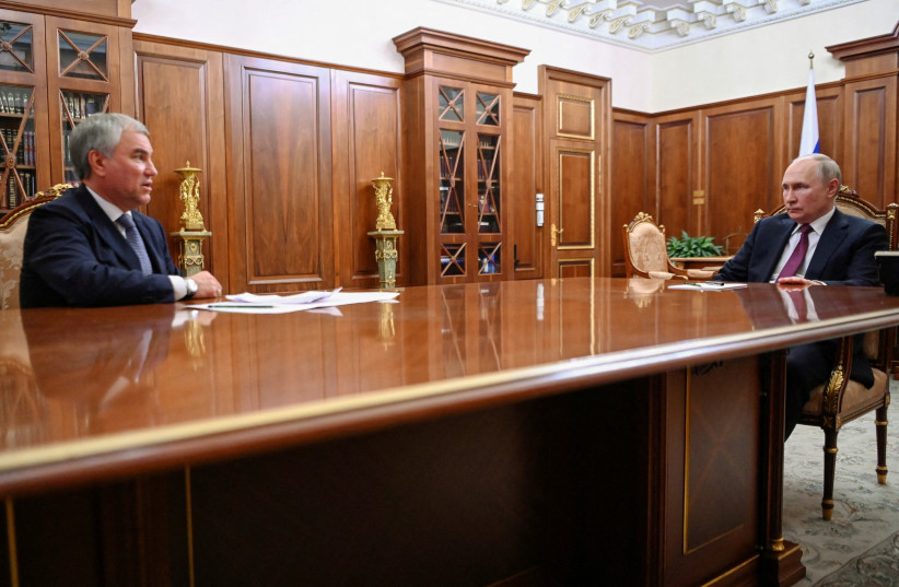  Russian President Vladimir Putin and State Duma Chairman Vyacheslav Volodin attend a meeting at the Kremlin in Moscow, Russia July 31, 2023. (credit: Sputnik/Alexander Kazakov/Kremlin via REUTERS)