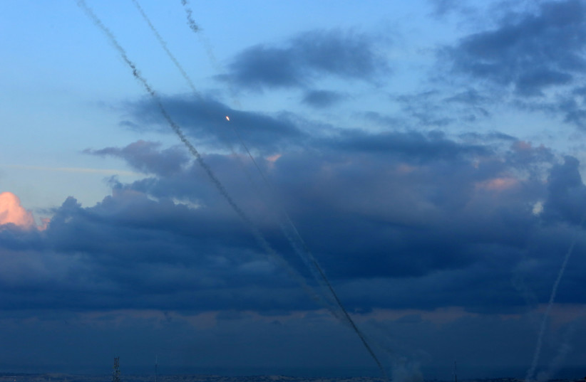  Hamas fires a large number of rockets towards Israel in the city of Rafah in the southern Gaza Strip, October 7, 2023.  (credit: ABED RAHIM KHATIB/FLASH90)