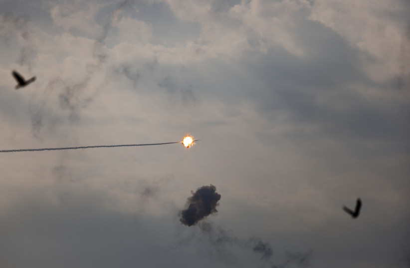 Israel's Iron Dome anti-missile system intercepts rockets launched from the Gaza Strip, as seen from the Israeli side of the border with Gaza, in southern Israel, October 9, 2023.