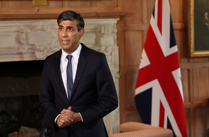  Britain’s Prime Minister Rishi Sunak records a video message about the situation in Israel at Chequers, the official country residence of the Prime Minister, near Aylesbury, Britain, Oct 8, 2023. (credit: REUTERS/SUZANNE PLUNKETT)
