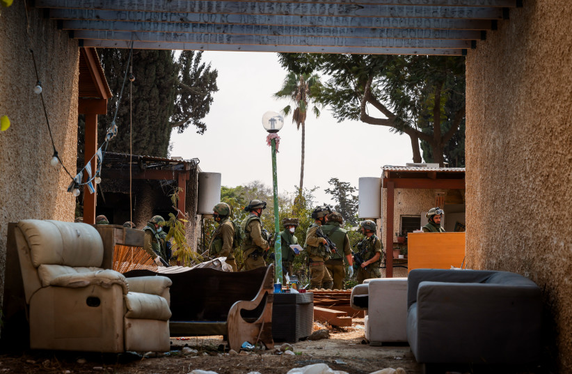 View of the destruction caused by Hamas Militants in Kibbutz Kfar Aza, near the Israeli-Gaza border, in southern Israel, October 10, 2023.