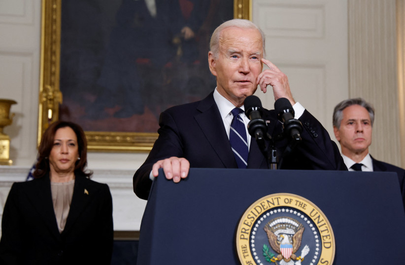 US President Joe Biden, accompanied by Vice President Kamala Harris and US Secretary of State Antony Blinken, makes remarks about the situation in Israel following Hamas' deadly attacks, October 10, 2023 (credit: REUTERS/JONATHAN ERNST)