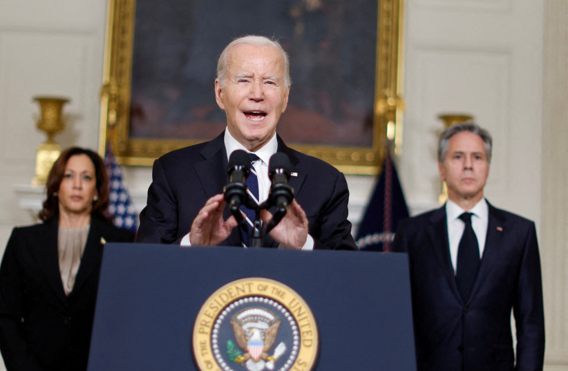  US PRESIDENT Joe Biden, accompanied by Vice President Kamala Harris and Secretary of State Antony Blinken, delivers remarks in support of Israel, at the White House, on Tuesday. (credit: JONATHAN ERNST/REUTERS)