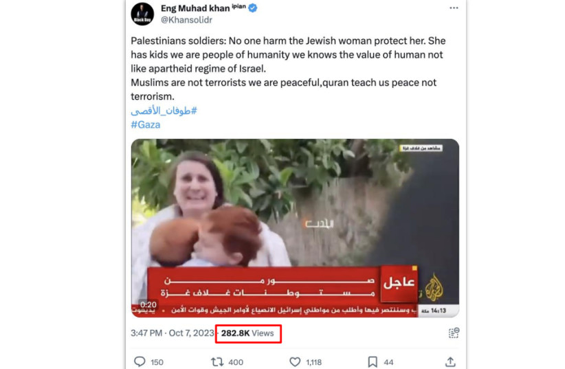  One of the fake posts claiming that Hamas terrorists acted civilly and compassionately during Saturday's attack garnered over 280,000 views in two days. (credit: Cyabra)