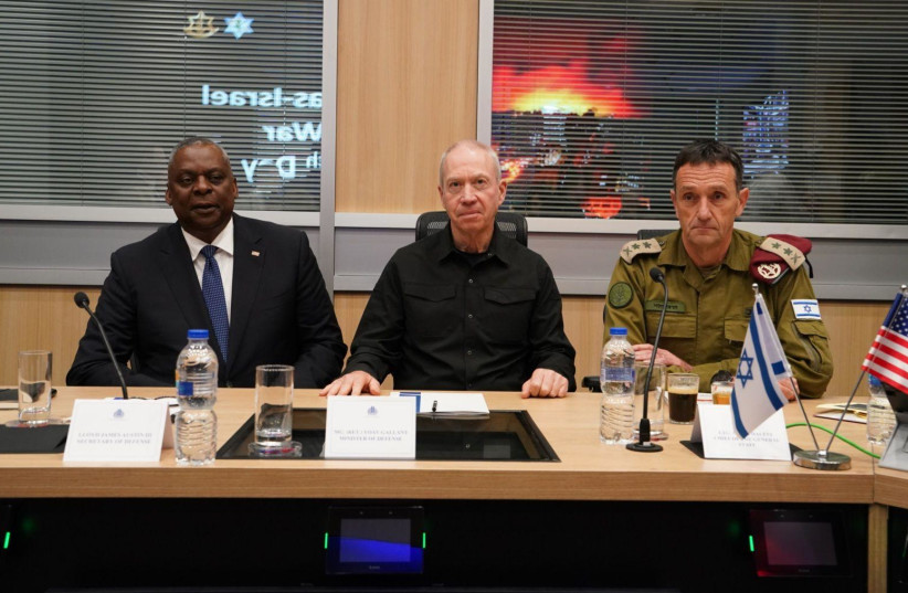  US Secretary of Defense Lloyd Austin (left), Israeli Defense Minister Yoav Gallant, and IDF Chief of Staff Herzi Halevi meet at IDF military headquarters in Tel Aviv. (credit: ARIEL HERMONI/DEFENSE MINISTRY)