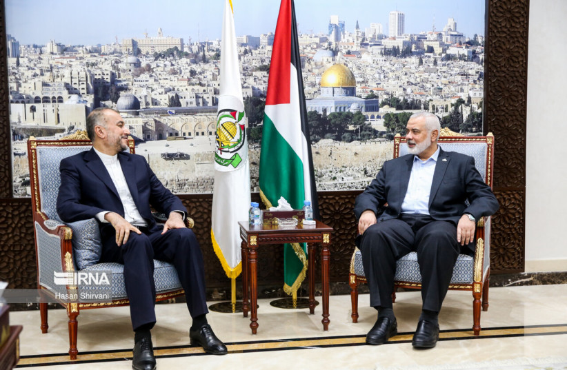  Iranian Foreign Minister Hossein Amirabdollahian meets with Hamas leader Ismail Haniyeh in Qatar. October 15, 2023 (credit: Hasan Shirvani/IRNA)