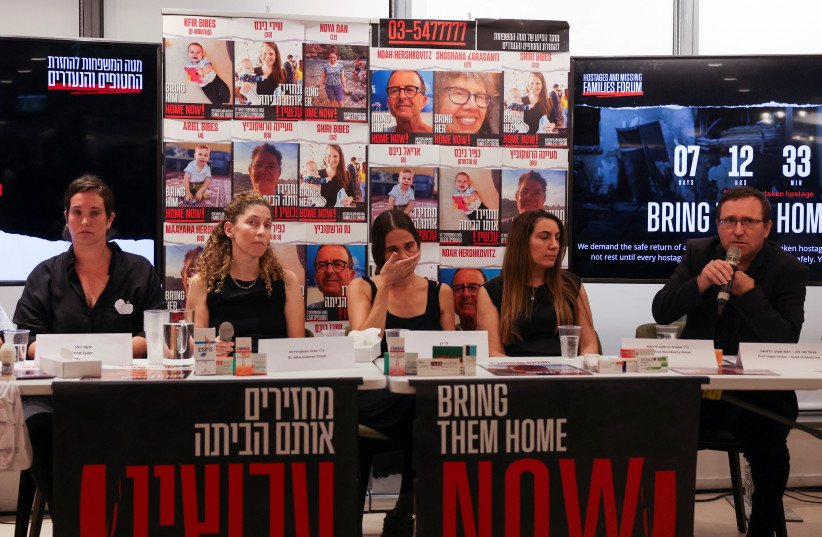  Families of people who are missing or were abducted from Israel by Hamas hold a press conference asking for a humanitarian corridor for the transfer of medicine and humanitarian aid for hostages, in Tel Aviv, Israel, October 14, 2023.  (credit: REUTERS/Ronen Zvulun)
