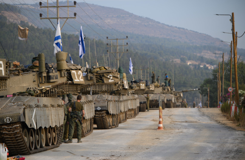  IDF Armored forces at a staging area in Upper Galilee, near the northern Israeli border with Lebanon, October 11, 2023. (credit:  Ayal Margolin/Flash90)