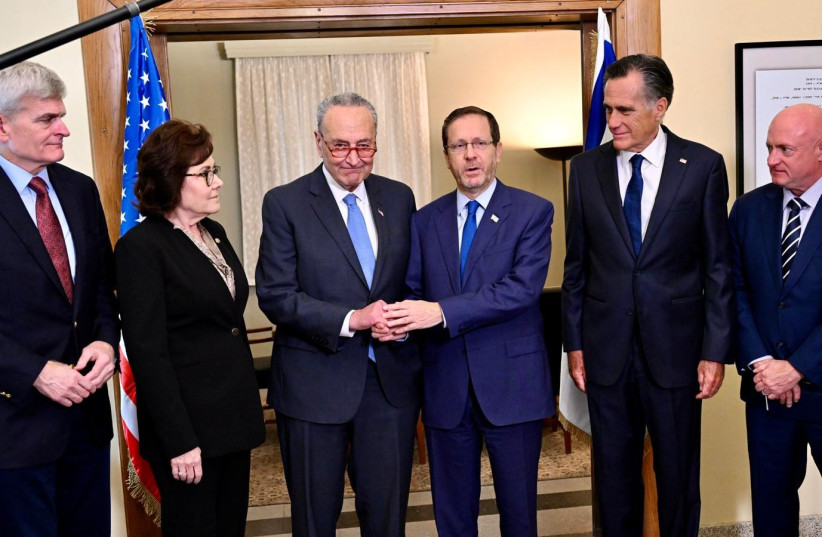  US Senate Majority Leader Chuck Schumer and other American representatives on a visit to Israel, October 15, 2023 (credit: PUBLIC DOMAIN)