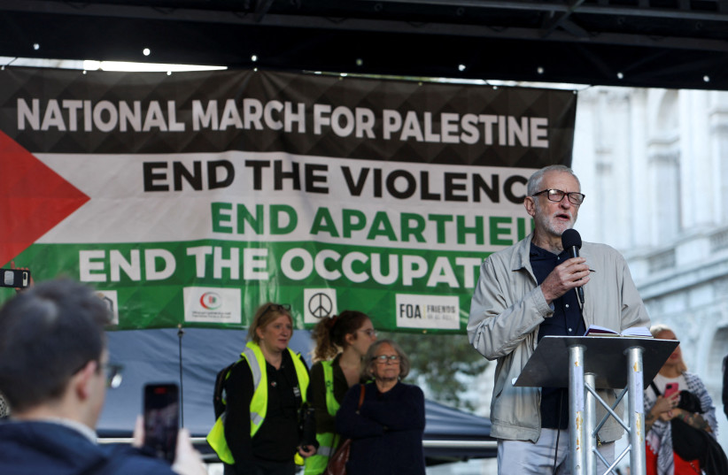 Former leader of the Labour Party Jeremy Corbyn speaks during a protest in solidarity with Palestinians, amid the ongoing conflict between Israel and the Palestinian Islamist group Hamas, in London, Britain, October 14, 2023. (credit: REUTERS/Susannah Ireland)