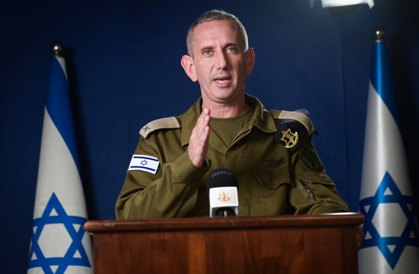 IDF Spokesperson Daniel Hagari gives a statement to the media in Tel Aviv on October 16, 2023 (credit: AVSHALOM SASSONI/FLASH90)
