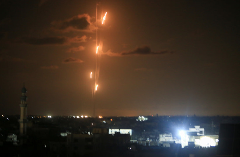 Rockets are fired from Gaza towards Israel, on October 16 2023 (credit: ABED RAHIM KHATIB/FLASH90)
