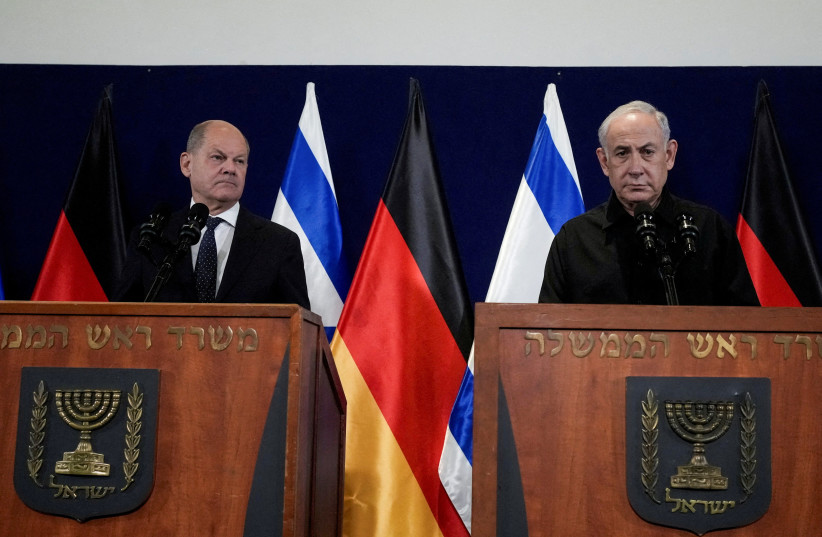  German Chancellor Olaf Scholz, left, and Israeli Prime Minister Benjamin Netanyahu, speak to the media after their meeting in Tel Aviv, Israel, Tuesday, Oct. 17, 2023.  (credit: MAYA ALLERUZZO/REUTERS)