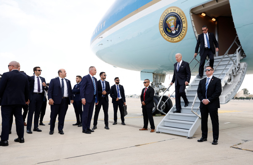  US President Joe Biden disembarks Air Force One, as he visits Israel amid the ongoing conflict between Israel and Hamas, in Tel Aviv, Israel, October 18, 2023 (credit: EVELYN HOCKSTEIN/REUTERS)