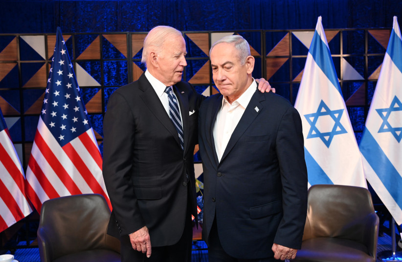  US President Joe Biden attends a meeting with Prime Minister Benjamin Netanyahu, as he visits Israel amid the ongoing conflict between Israel and Hamas, in Tel Aviv, Israel, October 18, 2023 (credit: CHAIM TZACH/GPO)
