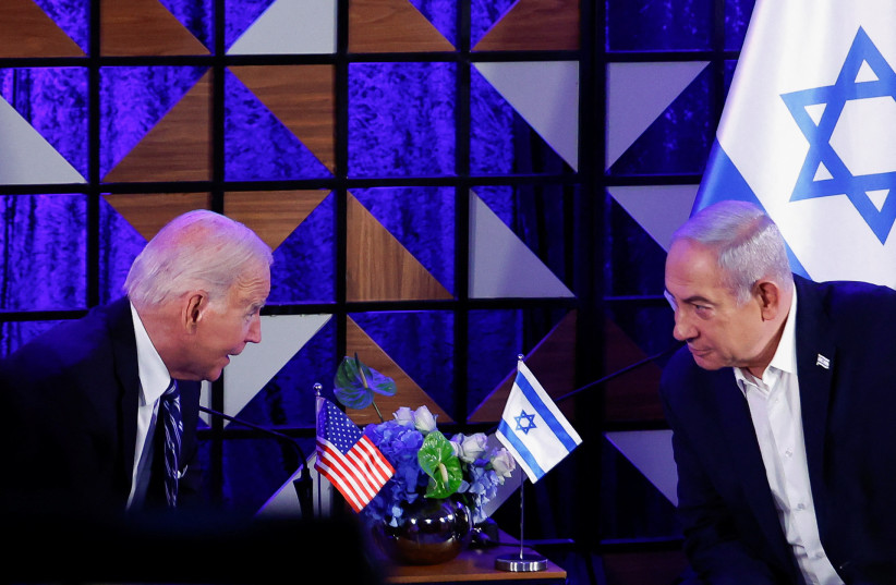  US President Joe Biden attends a meeting with Israeli Prime Minister Benjamin Netanyahu, as he visits Israel amid the ongoing conflict between Israel and Hamas, in Tel Aviv, Israel, October 18, 2023 (credit: REUTERS/EVELYN HOCKSTEIN)