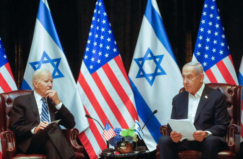 Israeli Prime Minister Benjamin Netanyahu meets with United States President Joe Biden in Tel Aviv, October 18, 2023.  (credit: MIRIAM ALSTER/FLASH90)