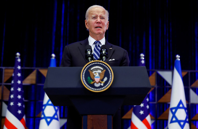  U.S. President Joe Biden delivers remarks as he visits Israel amid the ongoing conflict between Israel and Hamas, in Tel Aviv, Israel, October 18, 2023. (credit: REUTERS/EVELYN HOCKSTEIN)