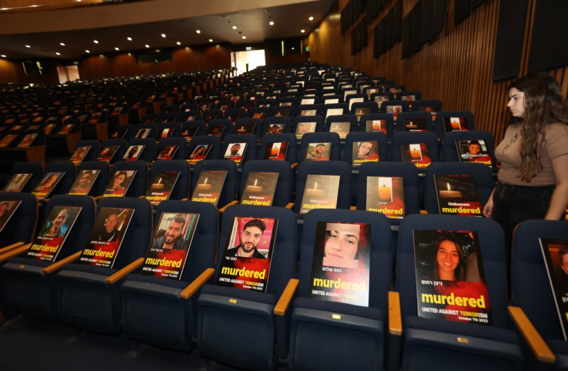 Exhibit at Tel Aviv University: United Against Terrorism, Photos of murdered, missing and kidnapped people mounted on more than 1,000 empty seats in auditorium. (credit: CHEN GALILI)
