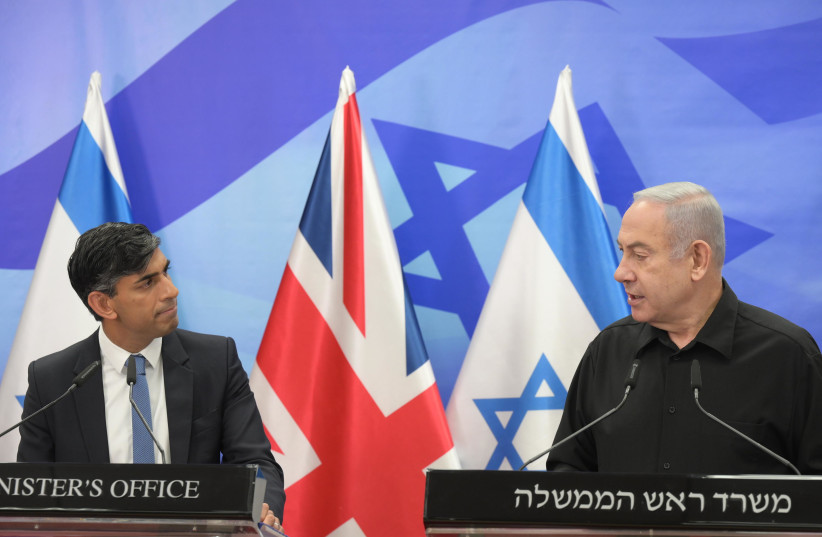  UK Prime Minister Rishi Sunak meets with Israeli PM Benjamin Netanyahu, October 19, 2023 (credit: AMOS BEN-GERSHOM/GPO)