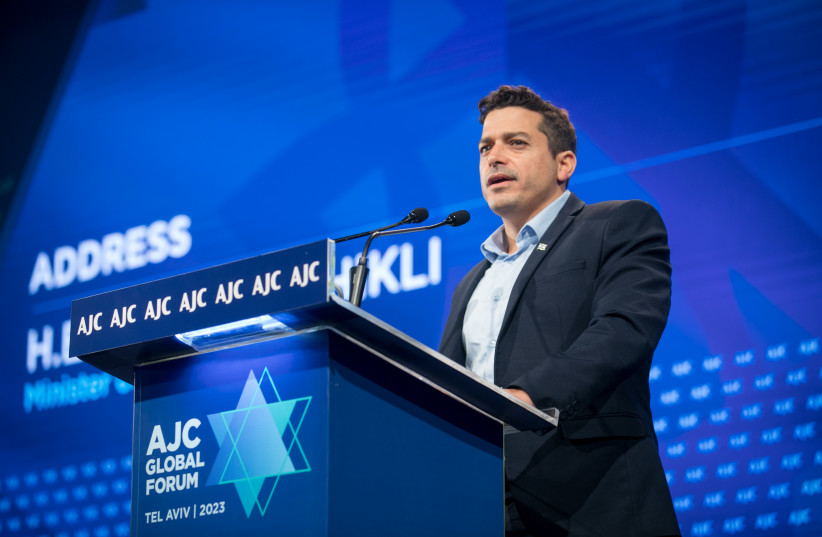  Israeli minister of Diaspora Affairs Amichai Chikli speaks at the AJC Global Forum in Tel Aviv, on June 14, 2023. (credit: MIRIAM ALSTER/FLASH90)