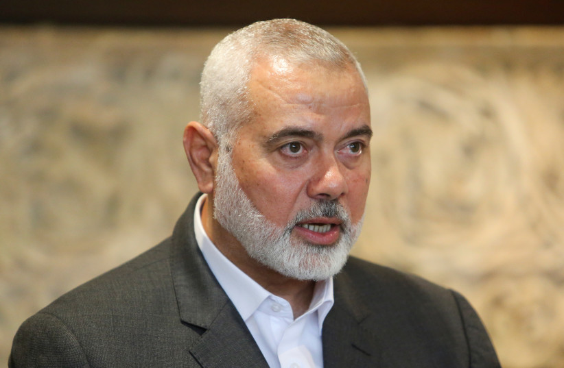 Palestinian group Hamas' top leader, Ismail Haniyeh talks after meeting with Lebanese Parliament Speaker Nabih Berri in Beirut, Lebanon June 28, 2021.