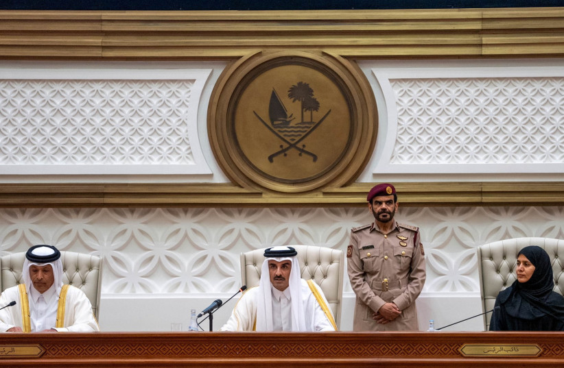 Qatar's Emir Sheikh Tamim bin Hamad Al Thani delivers an annual speech during the opening of the 52nd session of the Shura advisory council in Doha, Qatar, October 24, 2023. (credit: Amiri Diwan/Handout via REUTERS)