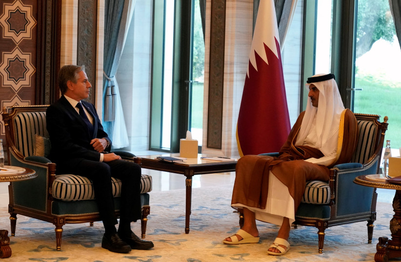  US Secretary of State Antony Blinken and Qatari Emir Sheikh Tamim bin Hamad Al Thani attend a meeting in Lusail, Qatar, Friday Oct. 13, 2023 (credit: JACQUELYN MARTIN/POOL/REUTERS)