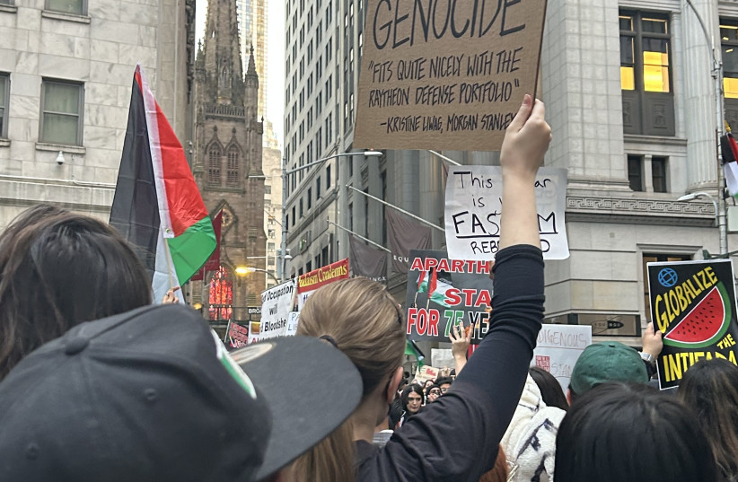 New York Stock Exchange surrounded by pro-Palestine, anti-Israel protests (credit: Courtesy)