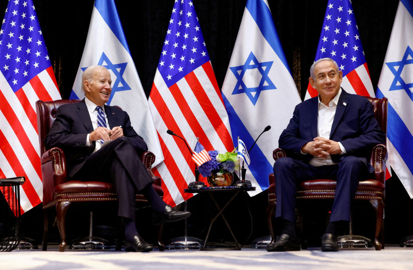  U.S. President Joe Biden meets with Israeli Prime Minister Benjamin Netanyahu and the Israeli war cabinet, as he visits Israel amid the ongoing conflict between Israel and Hamas, in Tel Aviv, Israel, October 18, 2023.  (credit: REUTERS/EVELYN HOCKSTEIN)