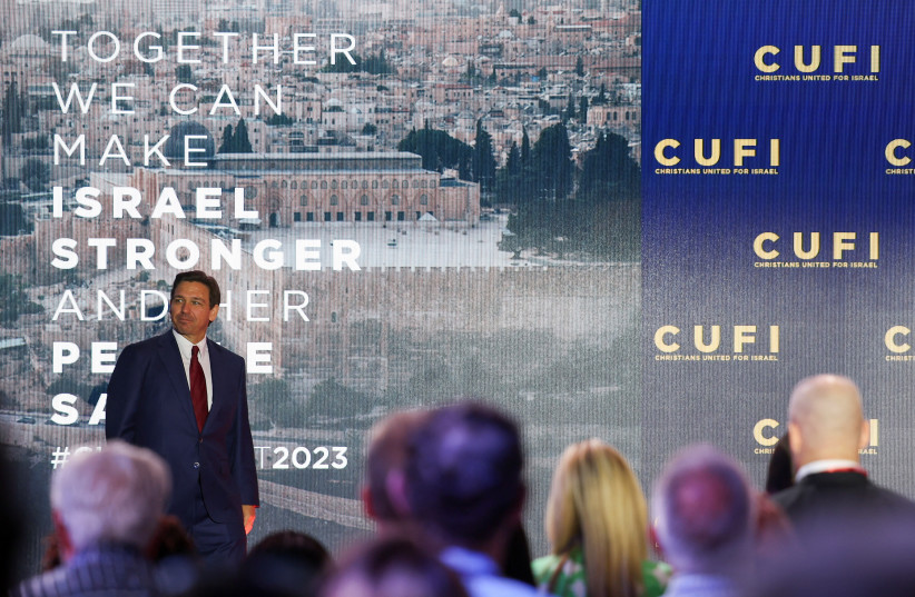  Republican presidential candidate, Florida Governor Ron DeSantis arrives to speak at the annual Christians United for Israel Summit (CUFI), at the Crystal Gateway Marriott in Arlington, Virginia, U.S., July 17, 2023. (credit: REUTERS/Kevin Wurm)