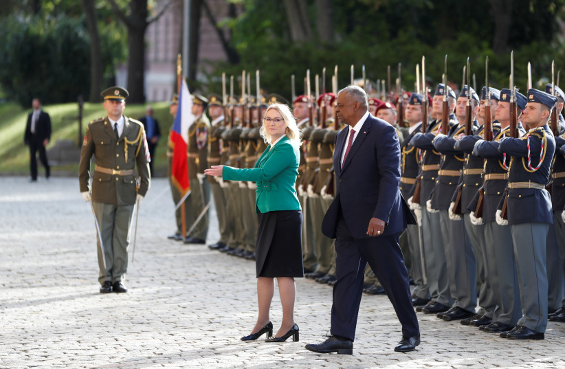US Defense Secretary Lloyd Austin is welcomed by Czech Defense Minister Jana Cernochova in Prague, Czech Republic, September 9, 2022. (credit: DAVID W CERNY/REUTERS)