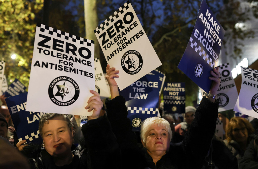  Demonstrators protest against the lack of police action during pro-Palestinian demonstrations and to condemn the increase of antisemitic hate crimes in London, Britain, October 25, 2023 (credit: REUTERS/Susannah Ireland)