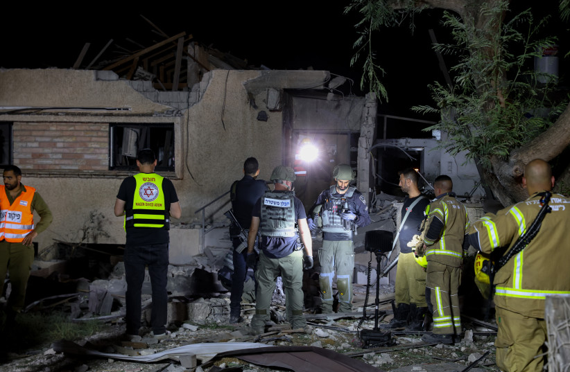  The scene where a rocket fired from the Gaza Strip hit a house at a village in central Israel, November 2, 2023 (credit: YOSSI ALONI/FLASH90)