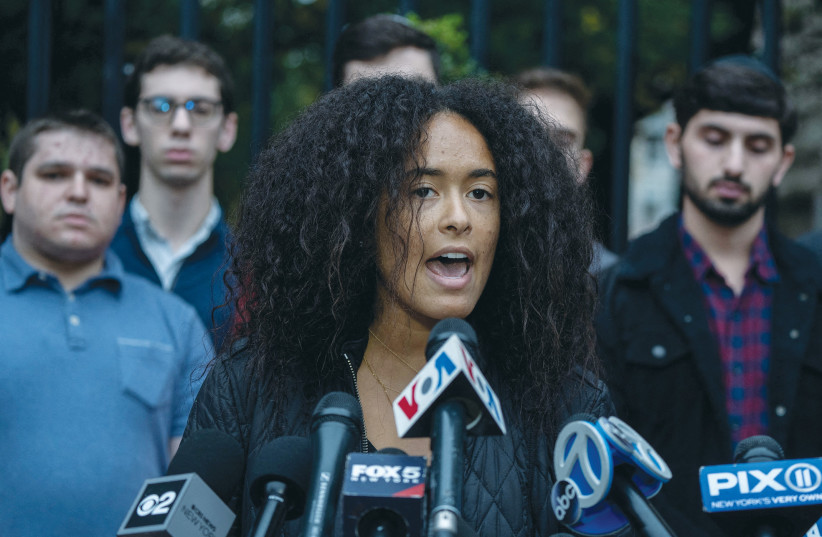  COLUMBIA UNIVERSITY student Noa Fay calls on the university’s administration to support students facing antisemitism, in New York, on Monday. (credit: JEENAH MOON/REUTERS)
