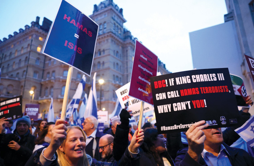  Pro-Israeli demonstrators gather outside the headquarters of the BBC in London on October 16 to protest about the corporation's coverage of the war between Israel and Hamas (credit: TOBY MELVILLE/REUTERS)
