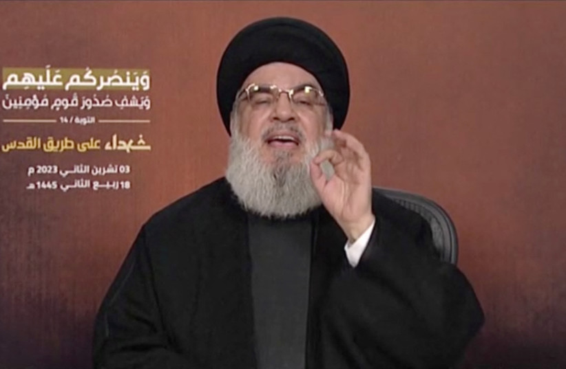  Hezbollah leader Sayyed Hassan Nasrallah delivers his first address since the October conflict between Palestinian group Hamas and Israel, from an unspecified location in Lebanon, in this screenshot taken from video obtained November 3, 2023 (credit: AL-MANAR VIA REUTERS)