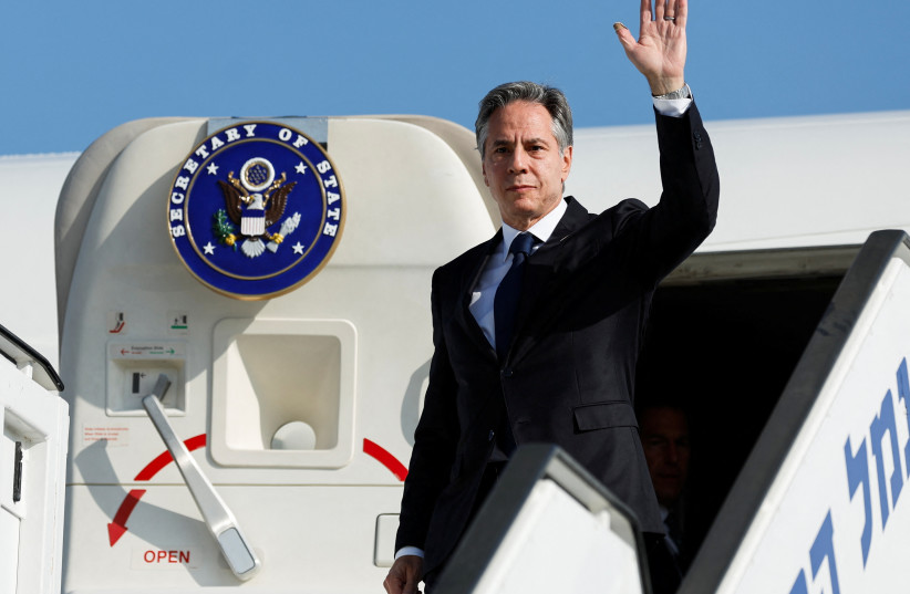  US Secretary of State Antony Blinken waves as he disembarks from an aircraft during his visit to Israel, amid the ongoing conflict between Israel and the Palestinian Islamist group Hamas, in Tel Aviv, Israel November 3, 2023 (credit: REUTERS/JONATHAN ERNST/POOL)