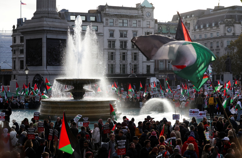 Demonstrators gather at Trafalgar Square as they protest in solidarity with Palestinians in Gaza, amid the ongoing conflict between Israel and Hamas, November 4 (credit: TOBY MELVILLE/REUTERS)