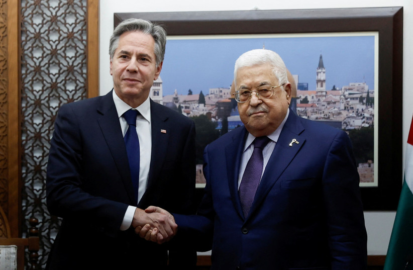 US Secretary of State Antony Blinken meets with Palestinian President Mahmoud Abbas, amid the ongoing conflict between Israel and the Palestinian Islamist group Hamas, at the Muqata in Ramallah in the West Bank, November 5, 2023.