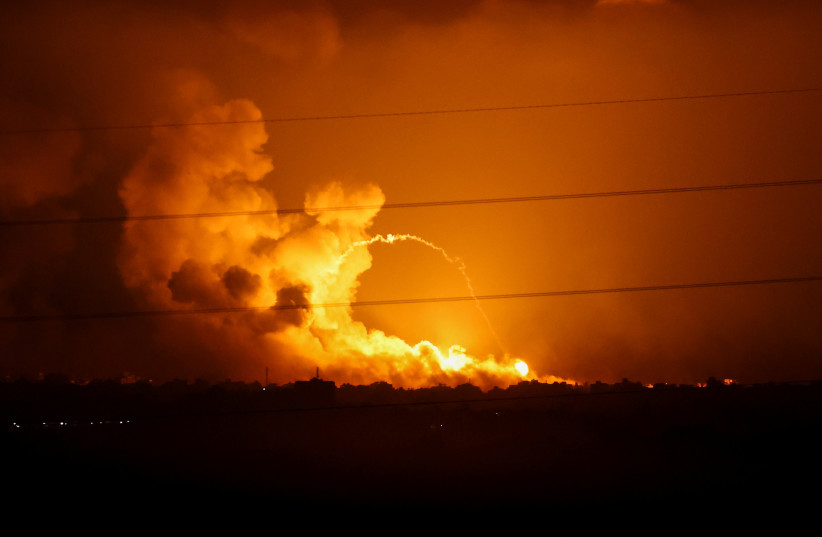  Smoke and flames rise during Israeli strikes in the Gaza Strip, as seen from the Israeli side of the border with Gaza, in southern Israel, November 5, 2023 (credit: RONEN ZVULUN/REUTERS)