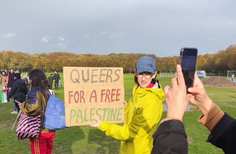  Anti-Israel Queer protestor, Malieveld, The Hague, Netherlands (October 28, 2023) (credit: Ethan Bergman)